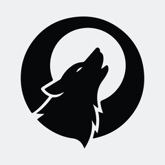 Silhouette Wolf howling at moon circle logo vector illustration