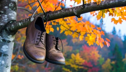 Autumn shoes on branch