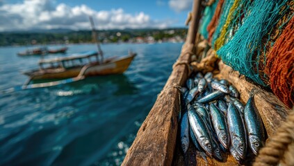 Freshly caught fish on a wooden boat deck, with fishing nets and boats in the background