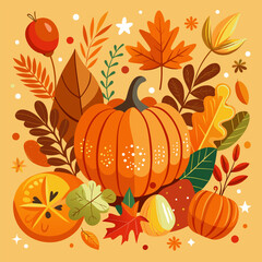 Naklejka premium A vibrant autumn scene featuring pumpkins, leaves, and seasonal elements in warm colors