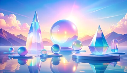 Abstract Crystal Structures on a Pastel Lake Landscape.