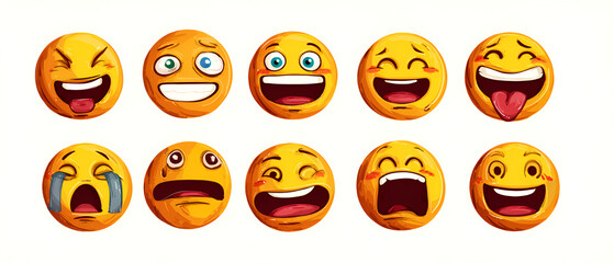 Fototapeta premium Hand-drawn emoticon set: diverse expressions, playful style, vibrant emotions, joyful and sad faces, cartoon illustration.