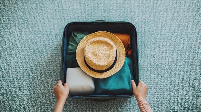 Person packing a suitcase for travel, anticipation, adventure, preparation,