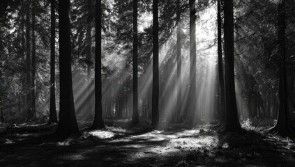 Sunlight streams through a dark forest