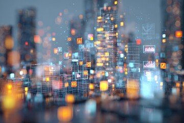 Futuristic city skyline with overlayed digital data