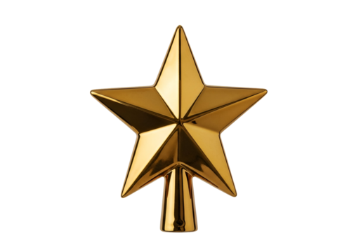 A polished, gold-toned star ornament stands out against a stark black background.
