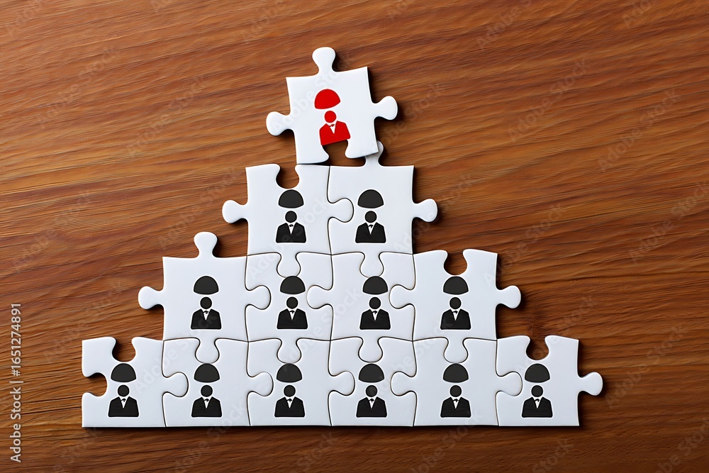 Poster hierarchical organizational chart represented by puzzle pieces with silhouetted figures and a single