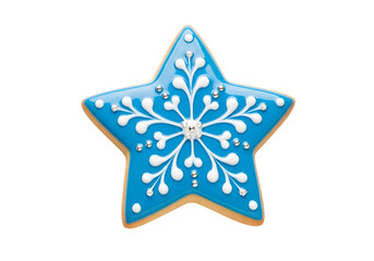 A star-shaped gingerbread cookie, vibrant blue icing, and intricate snowflake design adorned with glittering gems, create a festive and delightful visual.