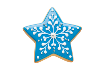 A star-shaped gingerbread cookie, vibrant blue icing, and intricate snowflake design adorned with glittering gems, create a festive and delightful visual.