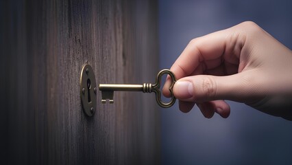 Hand inserting vintage key into a wooden door unlocking access and opportunity