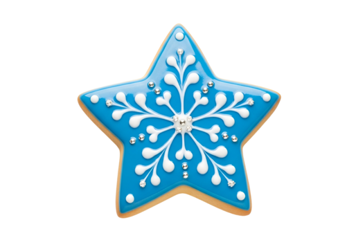A star-shaped gingerbread cookie, vibrant blue icing, and intricate snowflake design adorned with glittering gems, create a festive and delightful visual.