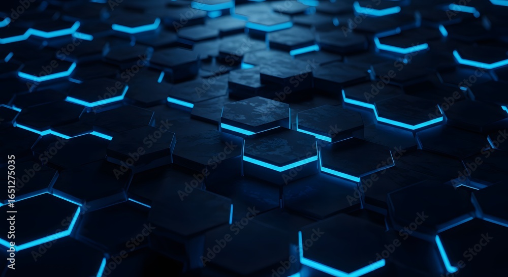 Aufkleber futuristic hexagons: a mesmerizing display of interconnected hexagons pulses with a vibrant blue lig