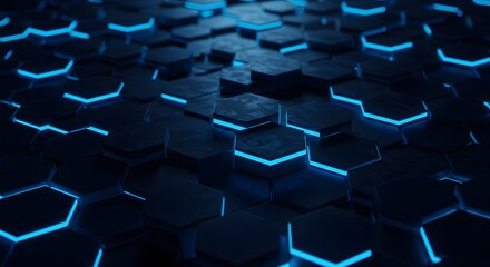 Futuristic Hexagons: A mesmerizing display of interconnected hexagons pulses with a vibrant blue light, creating a high-tech.