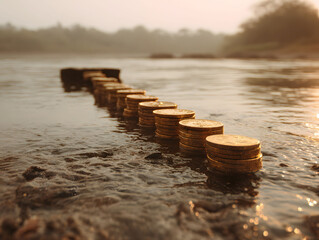 Row of wooden posts forming a path across a tranquil lake