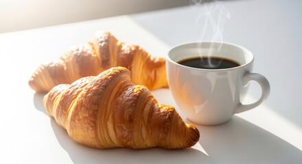 Two golden croissants and a steaming cup of black coffee on a white surface, bathed in sunlight
