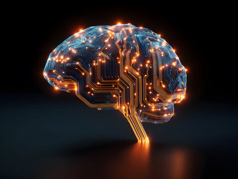 Glowing neural network brain made of circuits