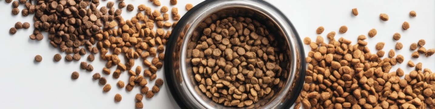 Various types of pet food scattered around a metal bowl on a simple background