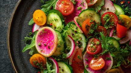 Colorful fresh vegetable salad with cherry tomatoes cucumber radish onion and green herbs on black plate