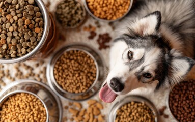 Dog surrounded by various bowls of pet food in a cozy indoor setting during daytime