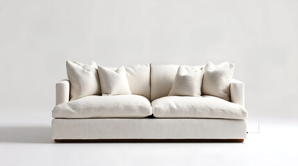 Fototapeta premium White Fabric Couch with Wooden Base | Minimalist Low-Profile Sofa Illustration | Modern Living Room Furniture Visual