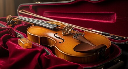 Obraz premium Warm-toned Violin Rests in Rich Red Velvet Case, Dramatic Lighting
