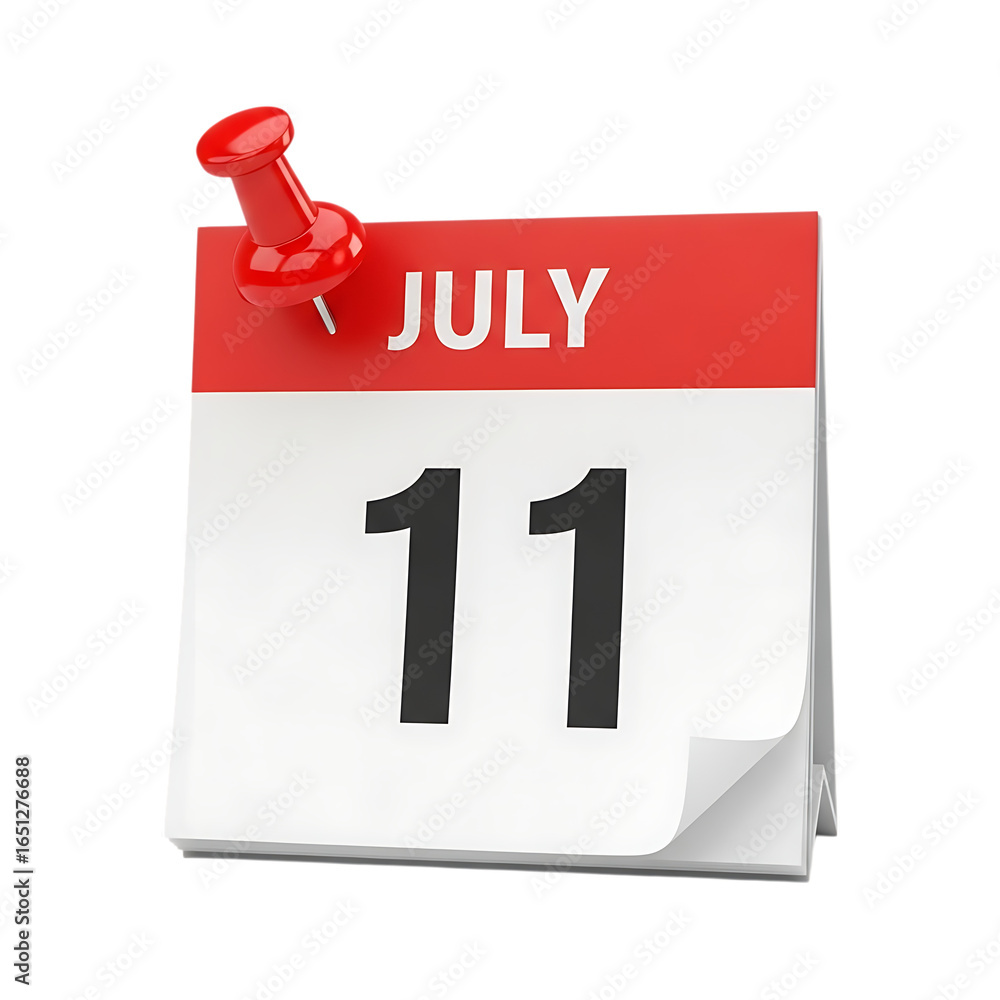 Fototapete calendar page showing july 11 with a red pin isolated on transparent background representing a speci