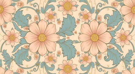 Seamless Vintage Floral Pattern with Pink Blossoms and Blue Leaves