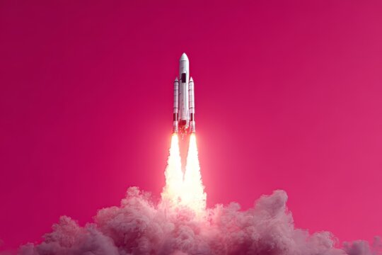 A powerful rocket blasts off into the sky, leaving a trail of fire and smoke against a vibrant pink background