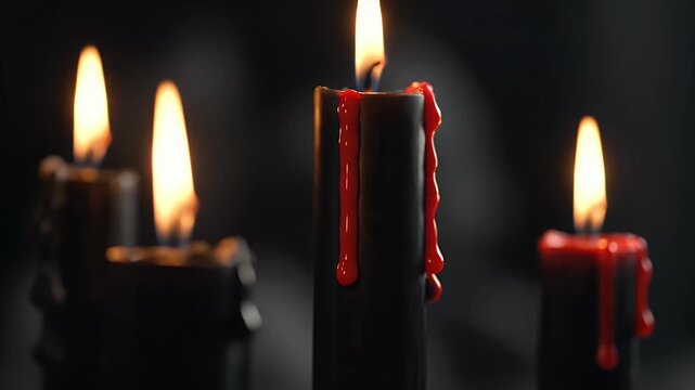 Cinematic close-up of burning black candles with red wax dripping down like blood, symbolizing an occult ritual or gothic horror.