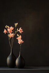 Two dark vases hold delicate peach-colored blossoms against a dark backdrop