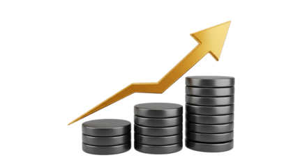 Golden Arrow Chart Represents Business Growth and Financial Success with Stacks of Coins on Black Background