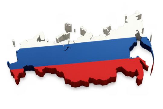 Three dimensional map of Russia with its flag on transparent background