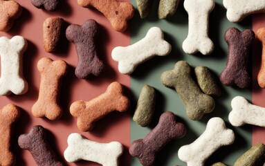 Fototapeta premium Colorful assortment of bone-shaped dog treats arranged on a vibrant background
