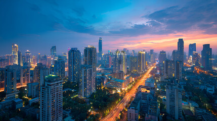 Naklejka premium Stunning Aerial View of Modern Asian City at Twilight: Vibrant Skyline, Illuminated Streets, and Dramatic Sunset Colors.
