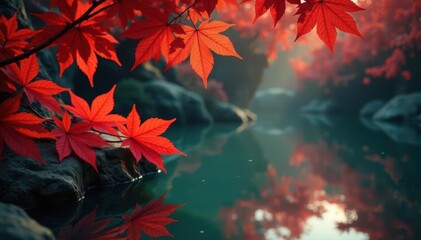 Crimson leaves mirrored in a classical Chinese pool , nature, serene