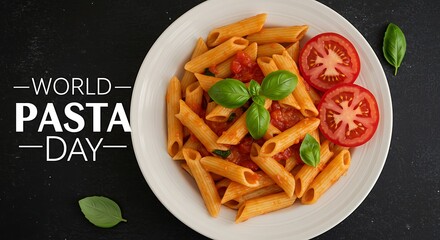 World Pasta Day: Delicious Penne Pasta with Tomato Sauce, Fresh Basi,l and Cherry Tomatoes for Celebration