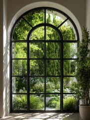 Interior Archway Window View to Lush Garden For Use in Home Design and Construction