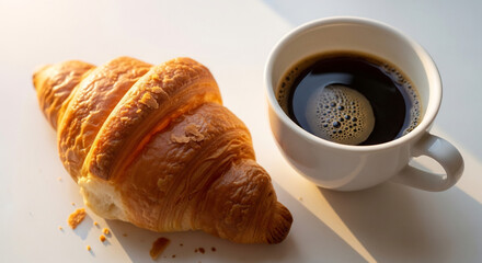 A golden brown croissant and a cup of black coffee on a white surface with soft morning light