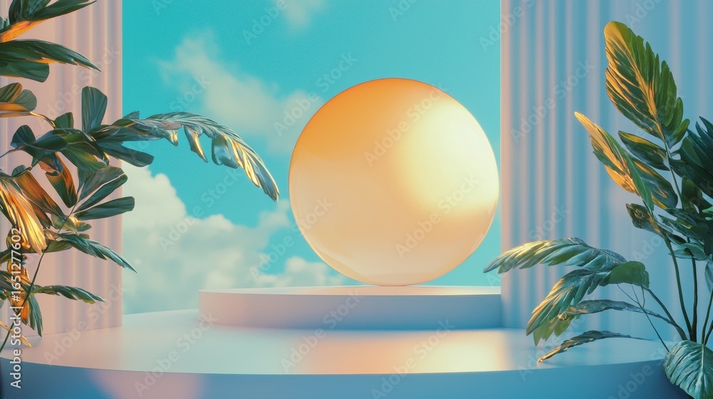 Poster 3D render of sunrise through classical window with palm leaves and pastel surreal architecture setting