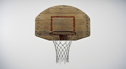 Vintage Basketball Hoop: A detailed, front-on shot showcasing a vintage basketball hoop with a weathered wooden backboard. 