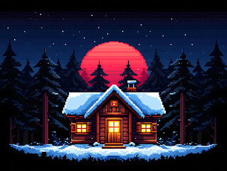Cozy cabin glow amidst snowy pines under the crimson moon offers a winter pixel art escape