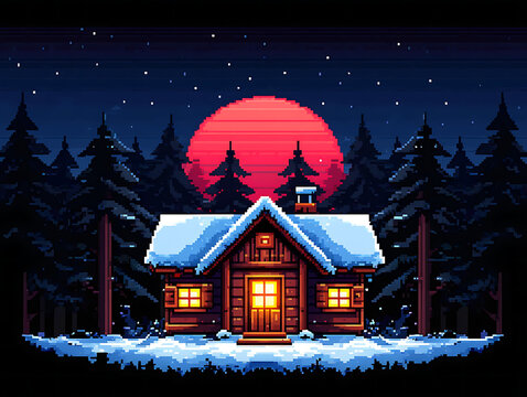 Cozy cabin glow amidst snowy pines under the crimson moon offers a winter pixel art escape - Powered by Adobe
