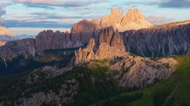 Beautiful aerial view over Cinque Torri glowing at sunset in the Dolomites