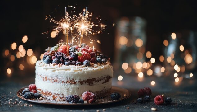 Festive birthday cake with sparklers and berries (1) - Powered by Adobe