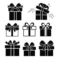 Gift Boxes Icons Set with Bows and Ribbon in Minimalist Black and White Design