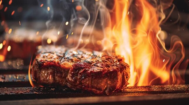 A dramatic close-up of a juicy steak being seared on a hot grill, sizzling with flames and smoke for a rich culinary mood.

