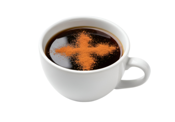 A white coffee cup filled with dark coffee, garnished with a cinnamon cross, against a black background.