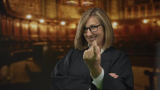Smiling woman judge wearing glasses and a black robe in a building lined with wooden benches beckons with finger; authority.