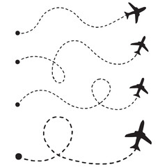 Line path vector icons of an airplane flight routes with start point and dash line trace vector