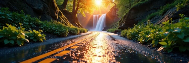 Sunlit asphalt ribbon leads to cascading falls , road, rays